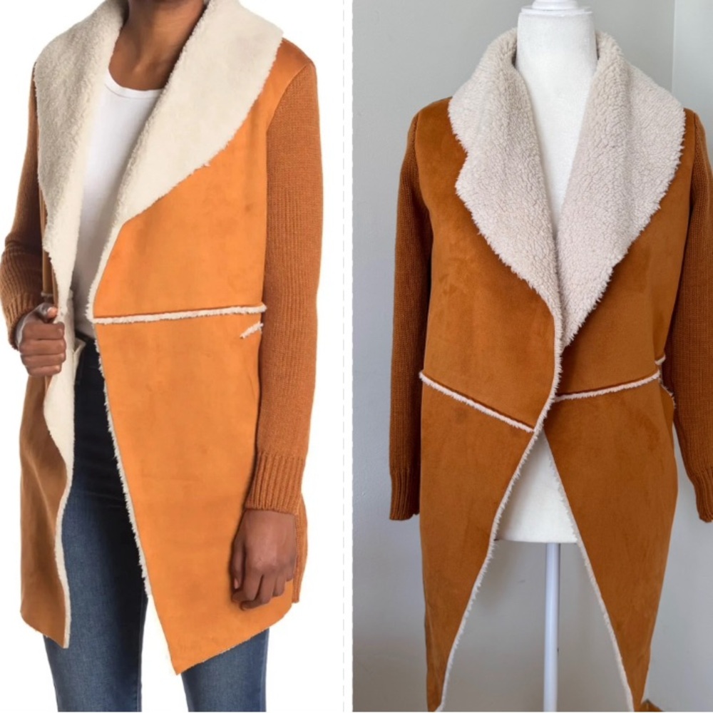 CoffeeShop NY Women Open Front Sherpa Cardigan Mustard Faux Suede Knit SleevesXS